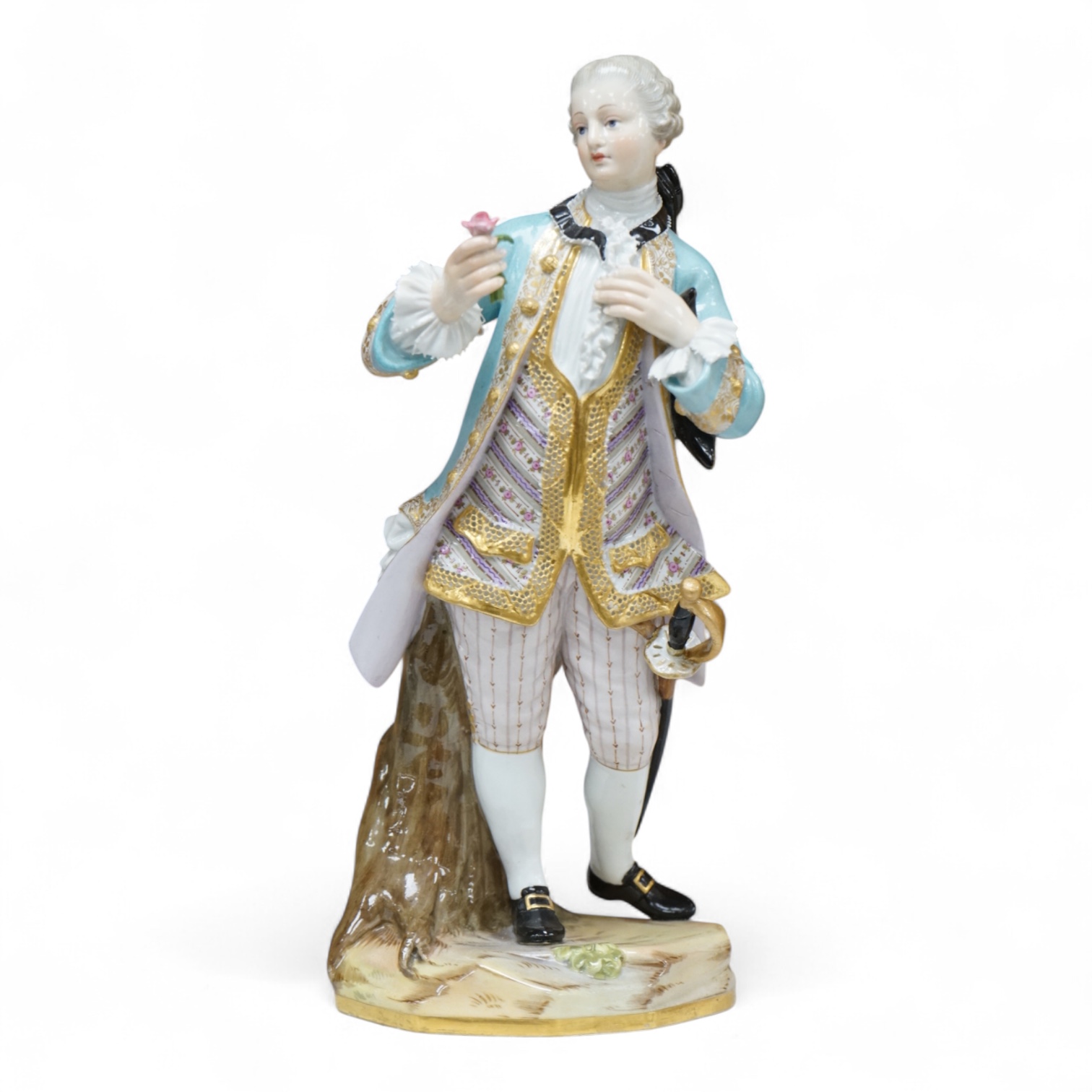 A Meissen figure of a gentleman holding a rose, 19th century, incised model number A58, 19cm high